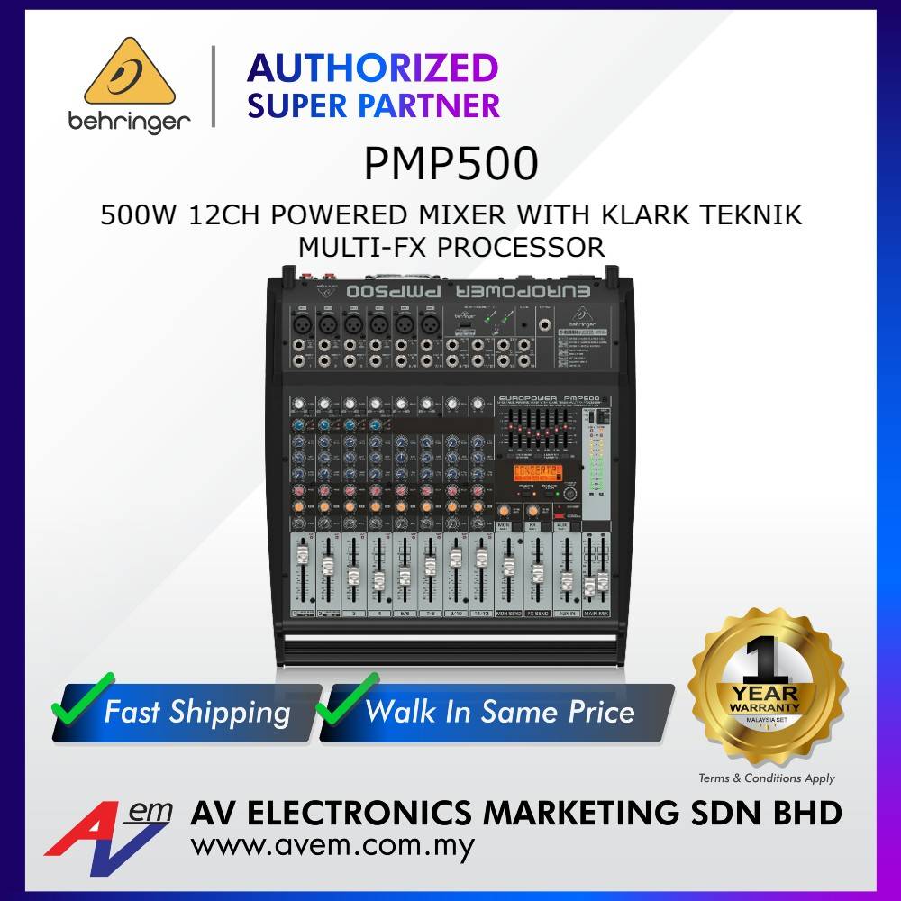 BEHRINGER EUROPOWER PMP500 500-Watt 12-Channel Powered Mixer with KLARK  TEKNIK Multi-FX Processor, Compressors,
